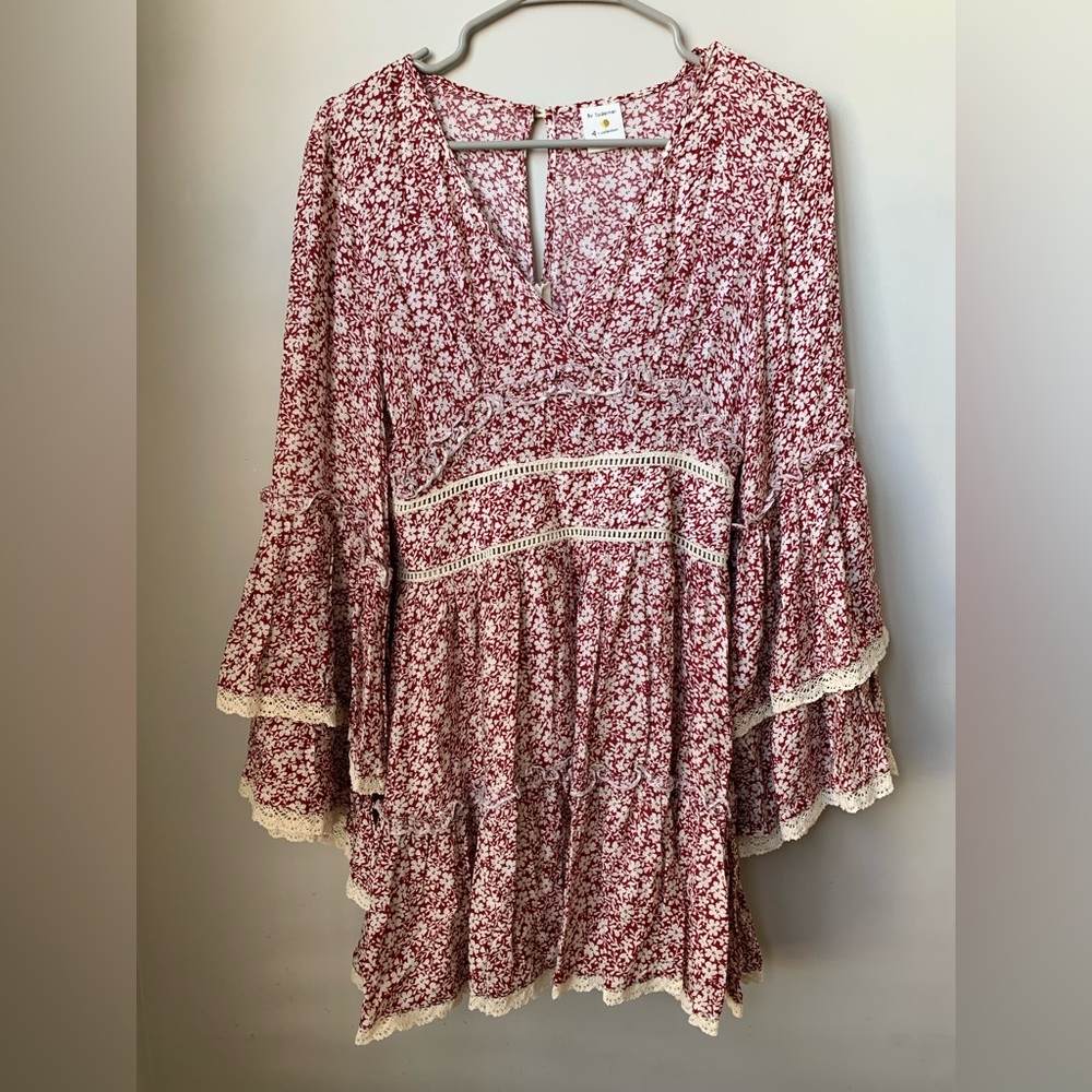 BE TOGETHER Women’s Burgundy w/ Cream Floral Print Fit & Flare Rayon Mini Dress - Picture 8 of 9